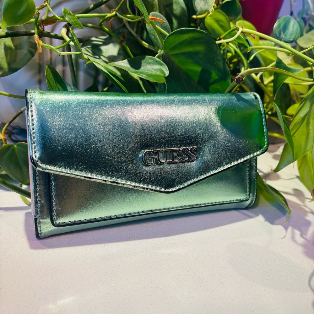 GUESS Metallic Green Wallet–As Is-stored, not heavily used”+guess card in place - Picture 1 of 9